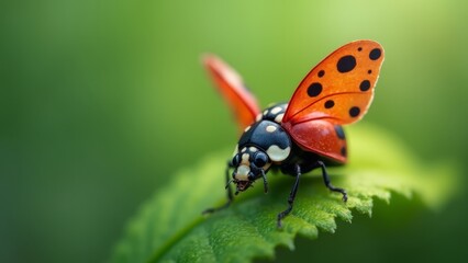 Obraz premium A ladybug sitting on top of a green leaf