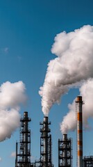An industrial plant features tall smokestacks set against a bright blue sky filled with fluffy clouds, showcasing raw beauty and structure
