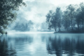 Fototapeta premium Serene lake surrounded by misty trees and mountains, evoking tranquility.