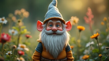 Obraz premium A gnome with a long white beard standing in a field of flowers