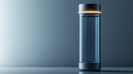 A sleek metallic water purifier bottle with a glowing LED indicator, isolated on a white surface. The clean lines and advanced design emphasize health and innovation. Ideal for eco-friendly 
