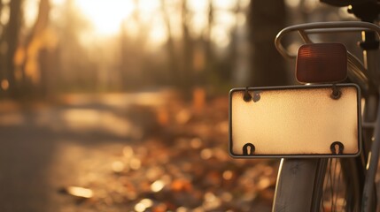 Close-up of a blank bicycle license plate in autumn light