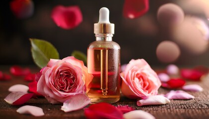 Rose essential oil bottle among pink roses and petals.