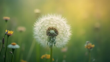 Fototapeta premium A dandelion in the middle of a field of flowers