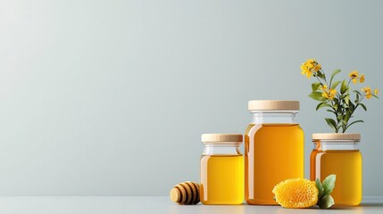 Raw honey filtered and bottled into golden jars of liquid sweetness