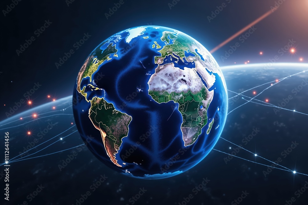 Poster digital earth with global connectivity and network paths in space.