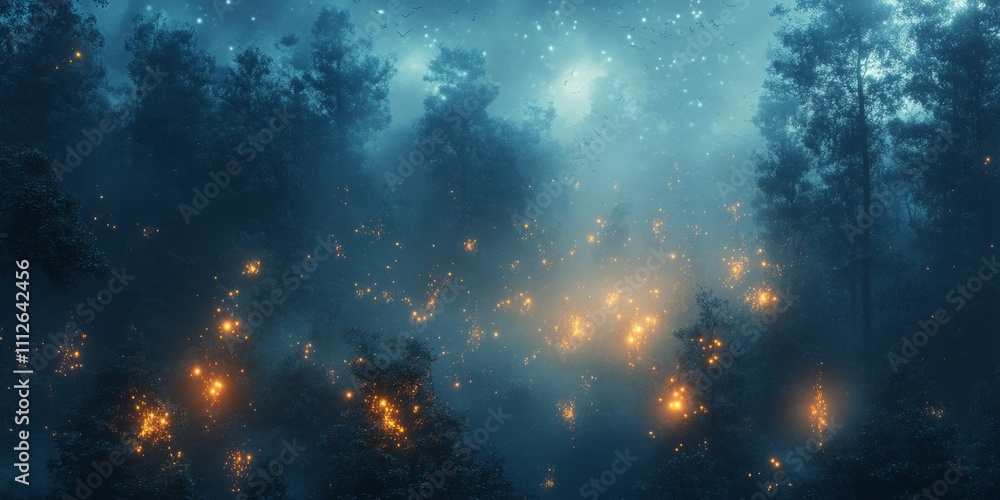 Poster mysterious enchantment in a foggy forest, ethereal creatures emerge from the mist, creating an atmos