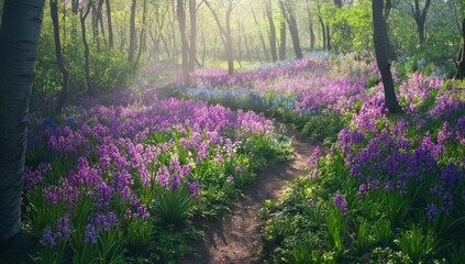 Naklejka premium Enchanted Forest Path: A Sunlit Walk Through a Sea of Purple Flowers