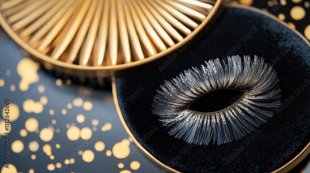 Poster luxurious false eyelashes displayed in an elegant case with a shimmering background and artistic bok