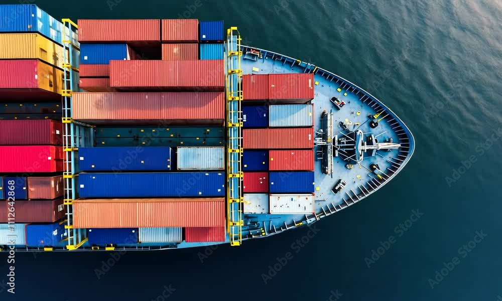 Poster large container ship moves gracefully through the deep blue sea, displaying an array of colorful sta
