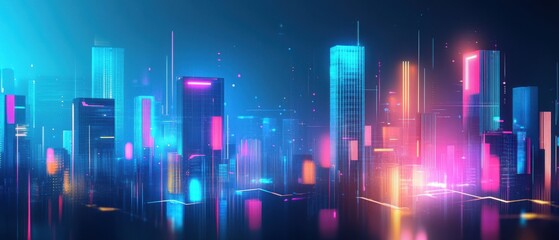 Fototapeta premium Futuristic cityscape with vibrant neon lights and reflections.