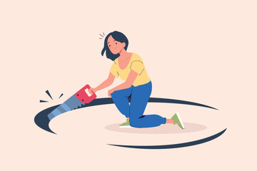 Self sabotage. Woman with saw sawing hole in floor, business bankrupt stupid mistake or danger decision self harm lost idea bankruptcy concept idiot shame vector illustration