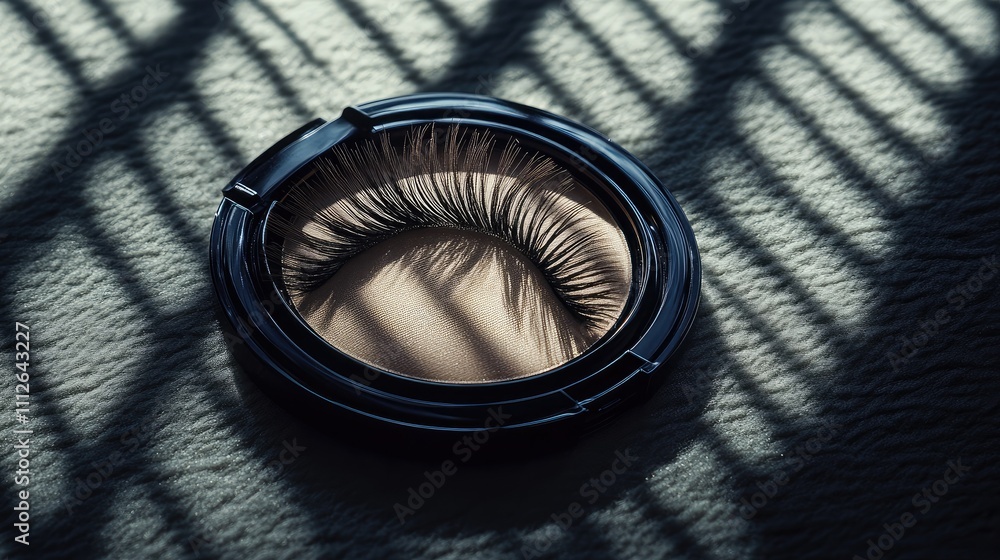Poster elegant close-up of lash extensions in a round case with soft shadows and lines, perfect for beauty 