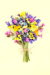 Spring wildflower posy for birthday or mothers day gift. Springtime Beltane festival floral bouquet. Seasonal floral decoration of woodland and meadow flowers. On cream background.