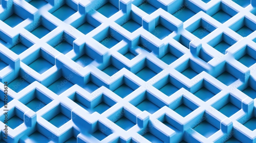 Poster abstract 3d blue geometric pattern of cubes and squares, creating a complex lattice structure.