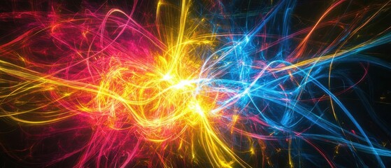 Fototapeta premium Abstract vibrant energy waves in pink, yellow, and blue hues.