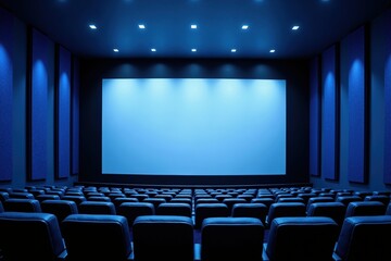 Fototapeta premium Empty movie theater with blue lighting and rows of seats in a modern cinema.