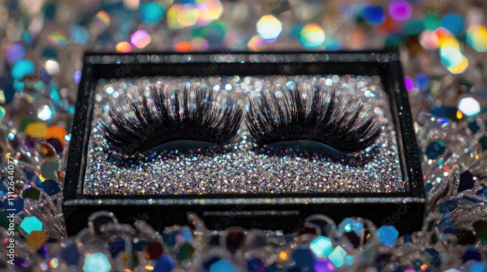 Poster luxurious close-up of glamorous false eyelashes displayed on a sparkling glitter surface with colorf