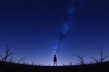 Stargazer silhouette under a majestic milky way in a starry night sky.