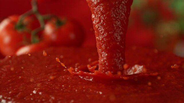 Super Slow Motion Shot of Pouring and Splashing Fresh Tomato Puree at 1000fps.