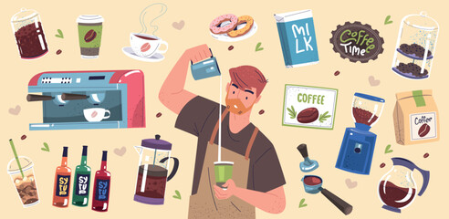 Barista stickers. Cartoon baristas working equipment, coffee maker vintage machine cafe business espresso mug preparation milk aromatic hot drink, set classy vector illustration