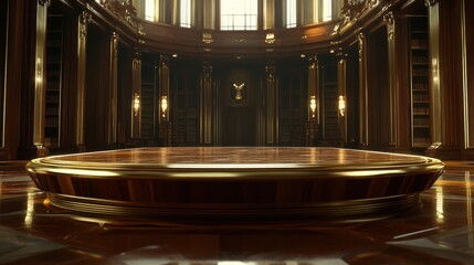 Obraz premium Elegant library interior with a polished wooden stage and shelves.