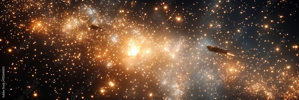 Poster spaceships navigating a vibrant star cluster, illuminated celestial bodies, dynamic movement through