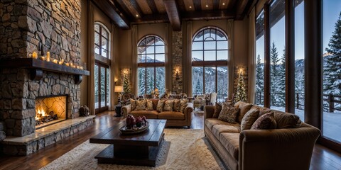 A luxurious mansion with a snowy landscape and a Christmas atmosphere in Aspen, Colorado, simulated from a real-life scene