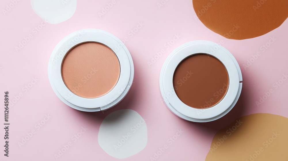Poster two round containers of creamy makeup shades displayed artistically on a colorful background with ge