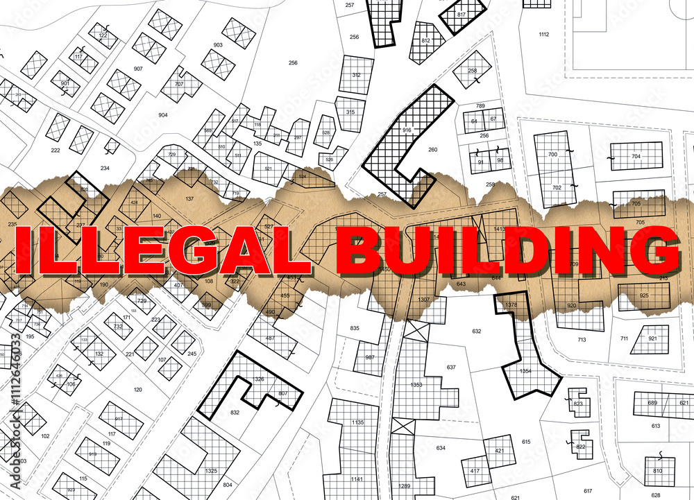 Poster illegal building activity concept with imaginary cadastral and general urban plan with building buil
