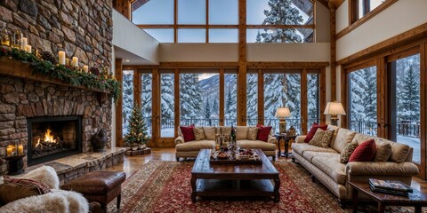A luxurious mansion with a snowy landscape and a Christmas atmosphere in Aspen, Colorado, simulated from a real-life scene