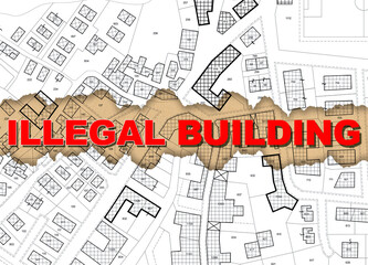 Illegal building activity concept with imaginary cadastral and General Urban Plan with building built without a valid construction Building or Work Permit - Illegal construction concept