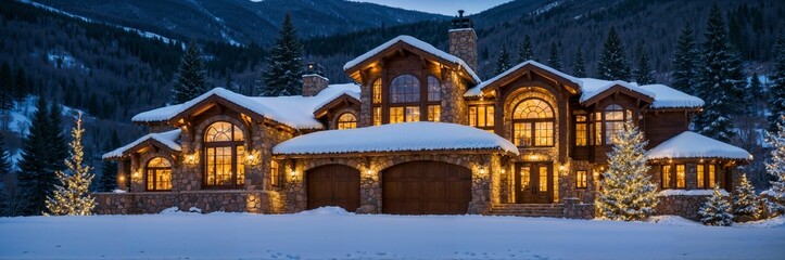 A luxurious mansion with a snowy landscape and a Christmas atmosphere in Aspen, Colorado, simulated from a real-life scene