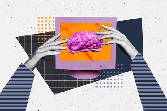 Composite sketch image design trend artwork collage of incognito hand touch hold monitor retro vintage computer brain creative think