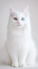 Obraz premium A white cat with blue eyes is sitting on a white surface
