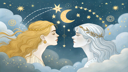 Gemini zodiac twins with crescent moon and stars