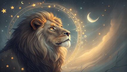 Leo zodiac lion with crescent moon and stars