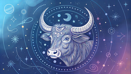 Taurus zodiac bull surrounded by celestial patterns