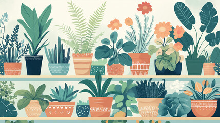Illustration of various potted houseplants on shelves in colorful and decorative style, featuring vibrant foliage, ferns, succulents, blooming flowers, creating lively botanical home decor scene
