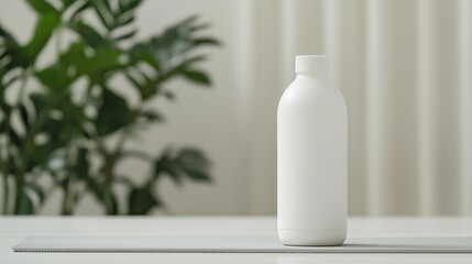 Minimalist white water bottle on yoga mat with greenery background for lifestyle design