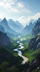 Obraz premium A winding river cutting through a valley with mountains in the distance, tranquil, watercolor, mountains