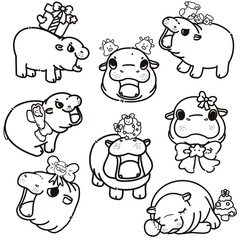 Set of drawing lines for a , Hippopotamus, lines art