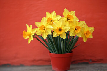 Yellow Daffodils in a Red Pot Against a Red Wall