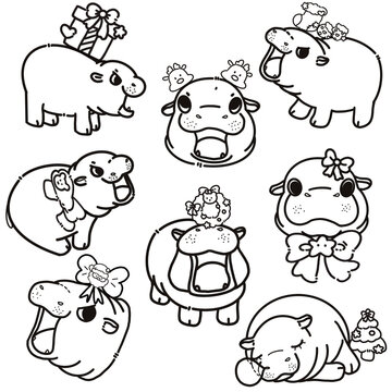 Set of drawing lines for a , Hippopotamus, lines art