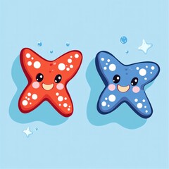 Two cute cartoon starfish, red and blue, smiling on a light blue background.