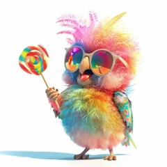 A cheerful parrot with colorful feathers joyfully enjoying a candy lollipop in a vibrant setting