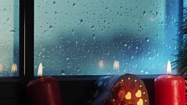 Holy Christmas New Year Eve Decoration and Gift Boxes on Candle Light Near the Window Glass in Rainy Day