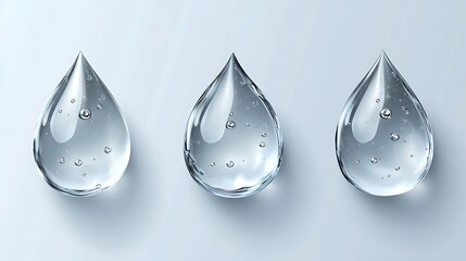 Three Water Drops - Pure water, Nutrition, moisturizing, skin care, water molecules, macro water droplets, bubbles, Tranquil Blue Water Surface with Sunlight Reflection