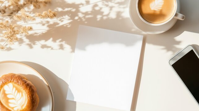 Top view of blank event flyer with coffee and pastry on sunlit table setting