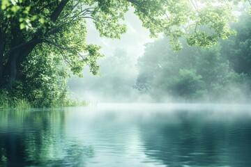 Serene misty lake surrounded by lush greenery and tranquil reflections.